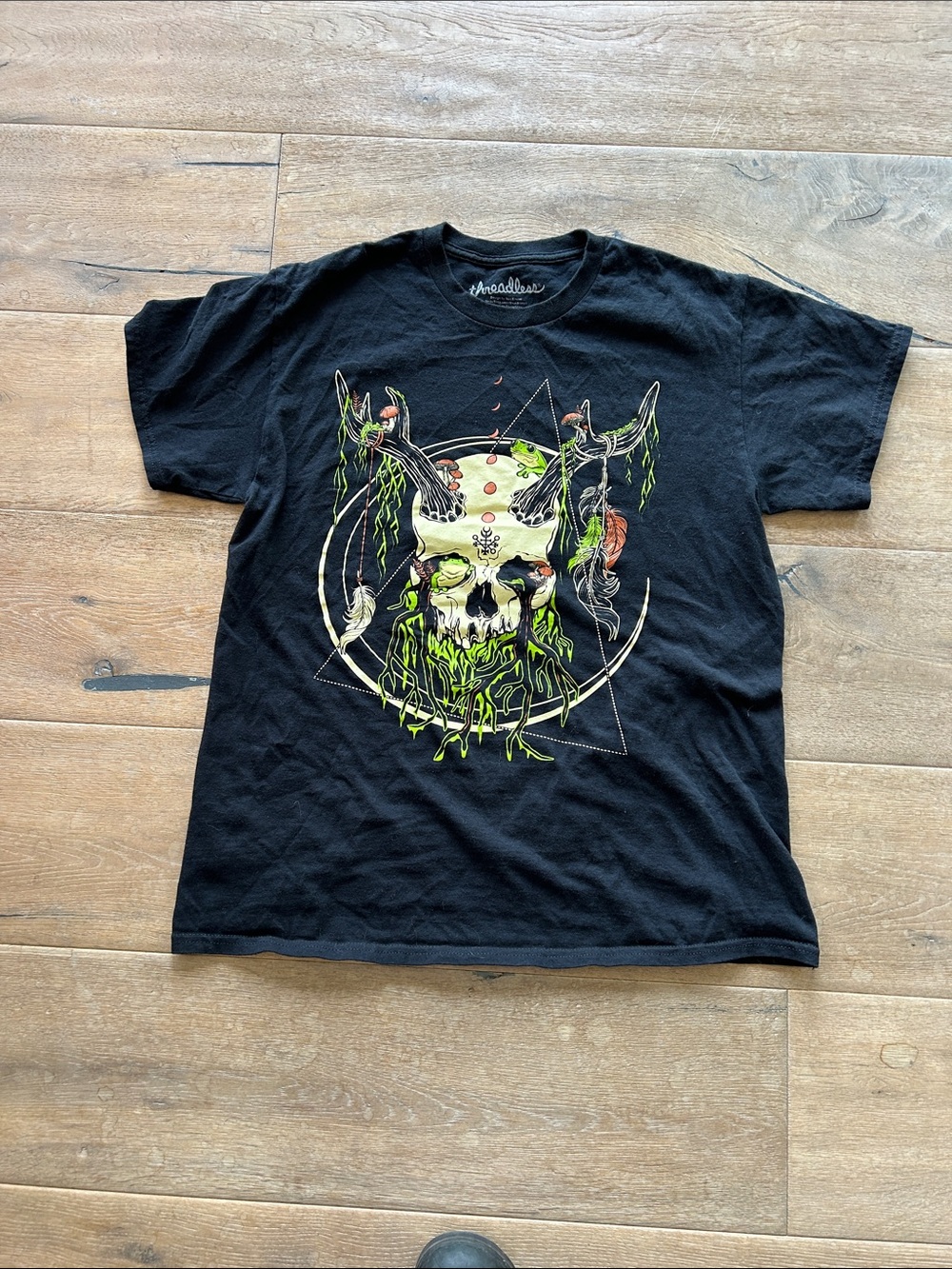Threadless Black Skull Tee with Neon Green & Cream Accents